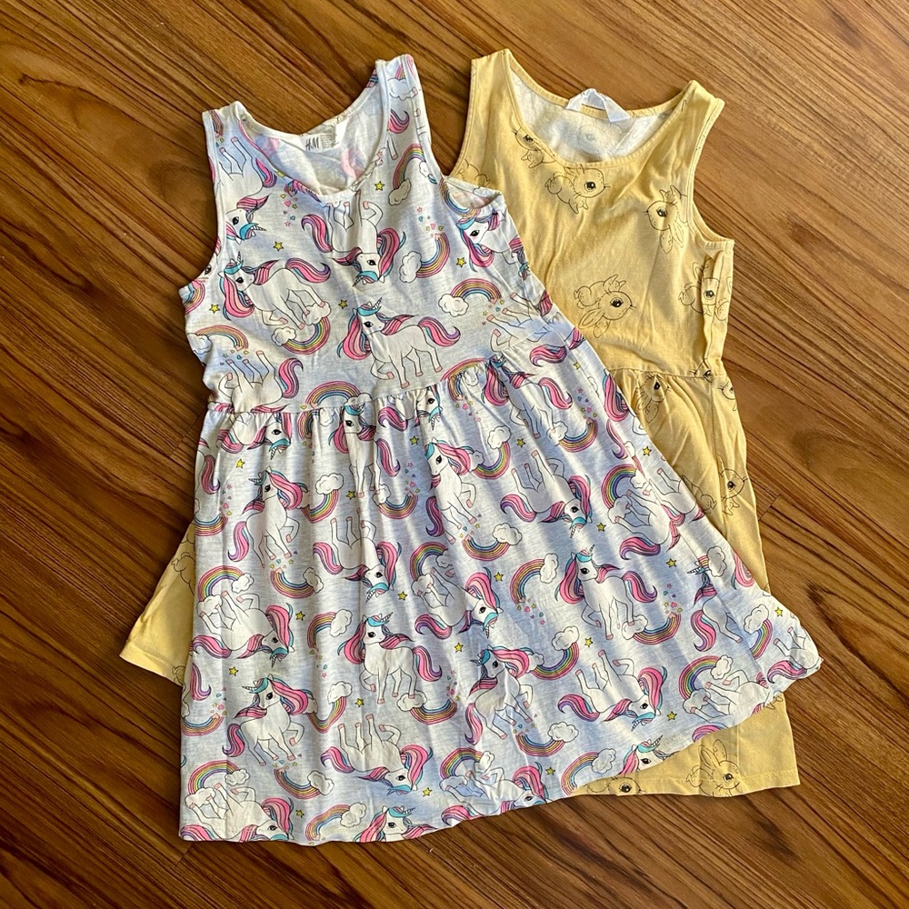 H&M Kids Unicorn and Bunny Dress Set - Gray and Yellow Size Medium (8/10)